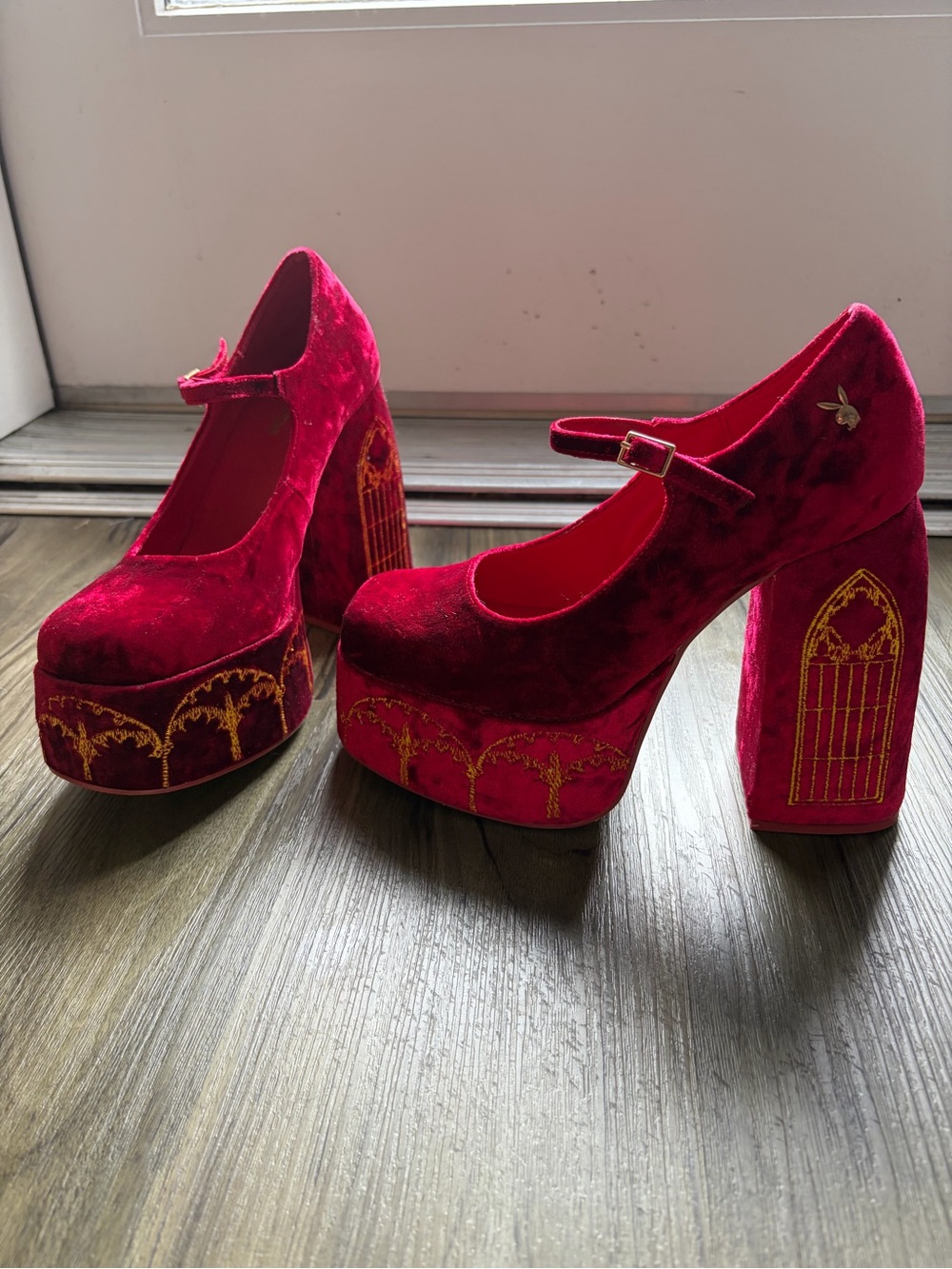 Feudal Fantasy - Koi Footwear X Playboy Red Crushed Velvet Platform Heels